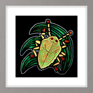 Koa bug (Coleotichus blackburniae). Materials:Silver and red foiling on card stock. Measurements: 8 X 8 inch wood frame with plexiglass ( USD plus shipping)